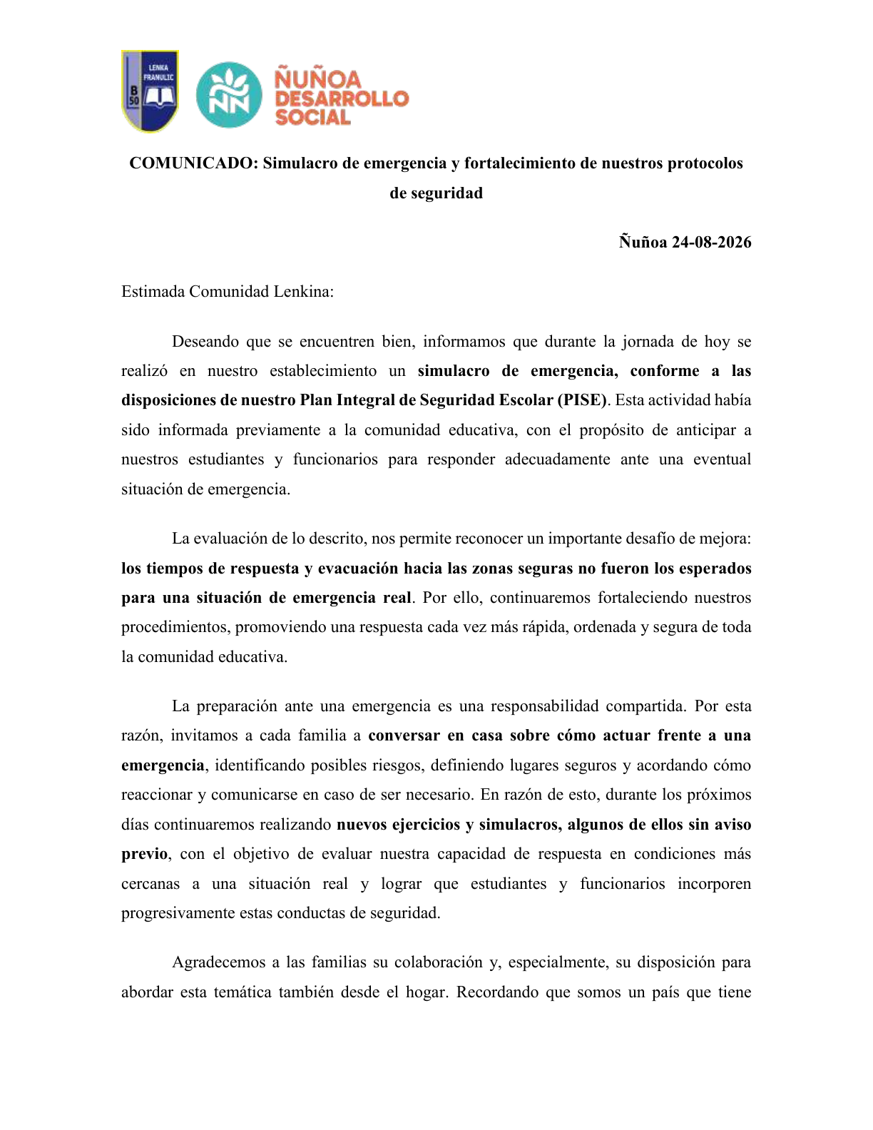 Comunicado sobre simulacros de emergencia y protocolos de seguridad del 24 de agosto de 2026