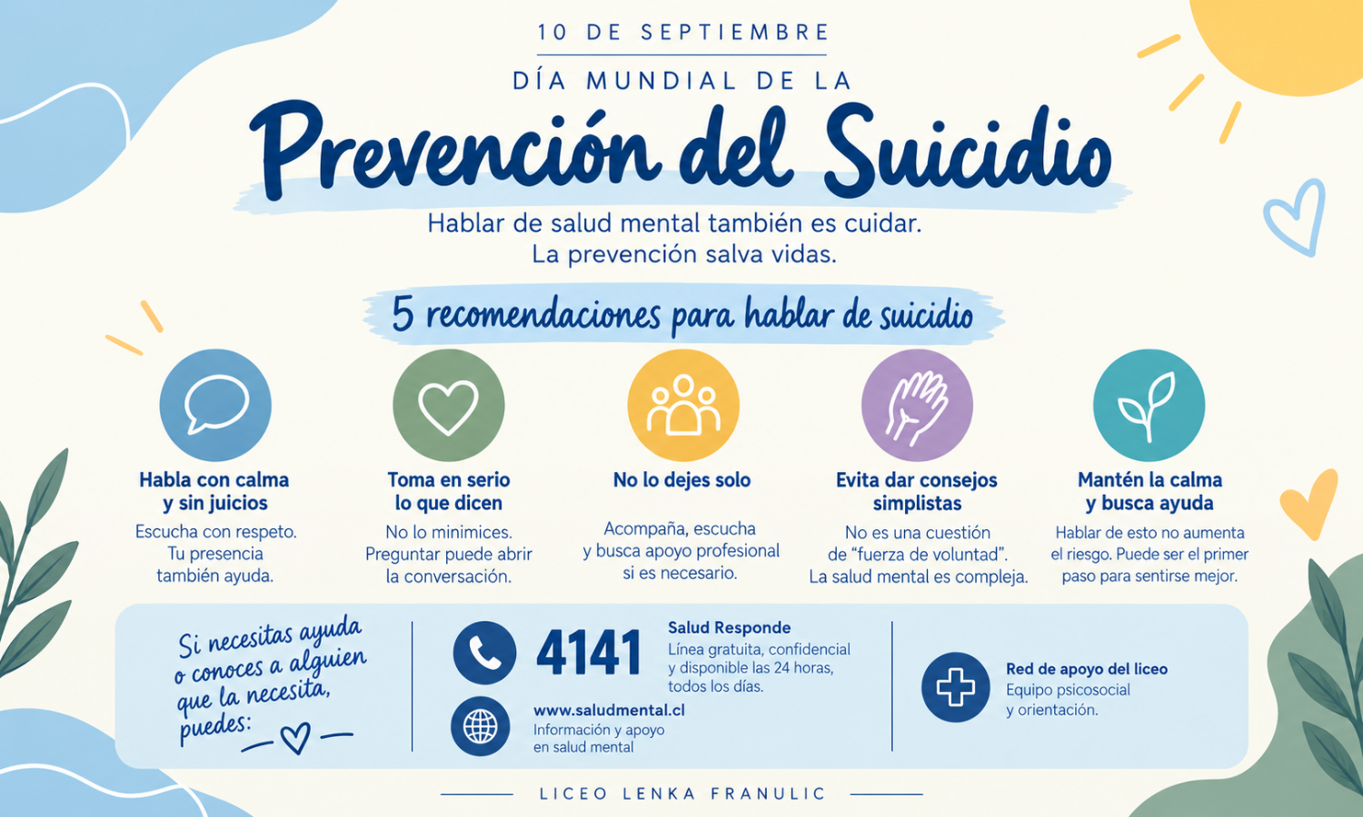 Afiche del Día Mundial de la Prevención del Suicidio con recomendaciones para hablar y buscar ayuda