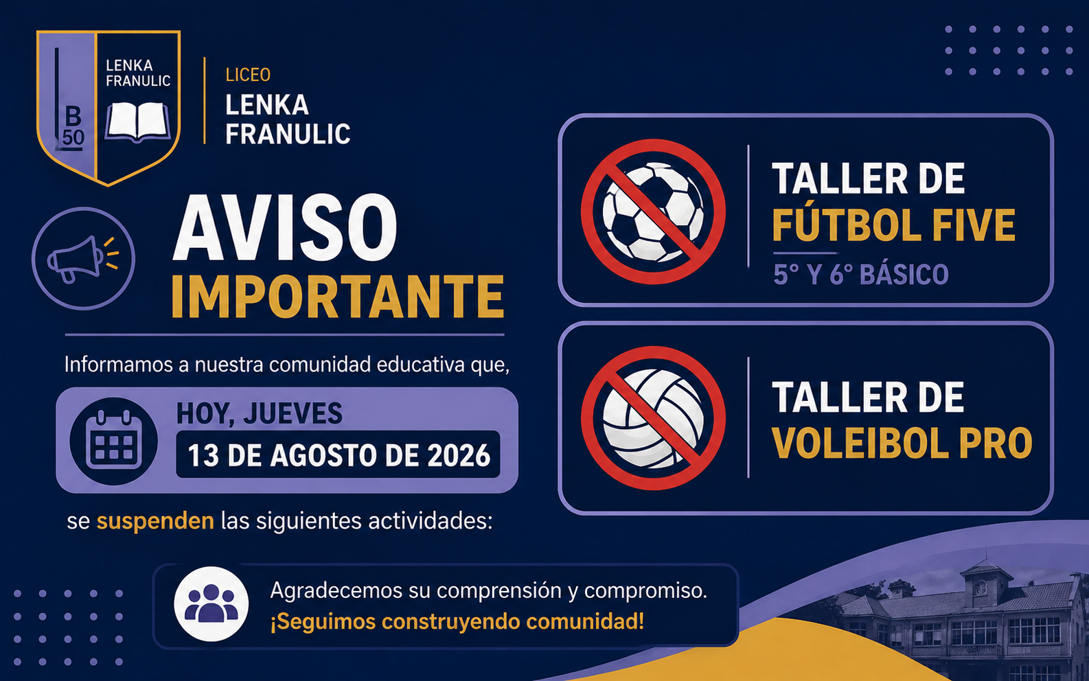 Aviso importante sobre suspensión de talleres deportivos del 13 de agosto de 2026