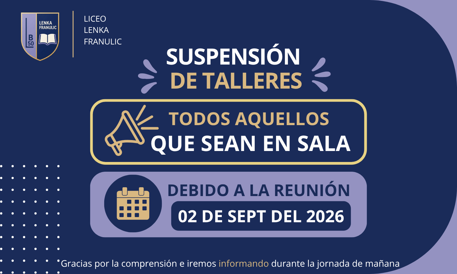 Aviso de suspensión de talleres por reunión de apoderados del 2 de septiembre de 2026