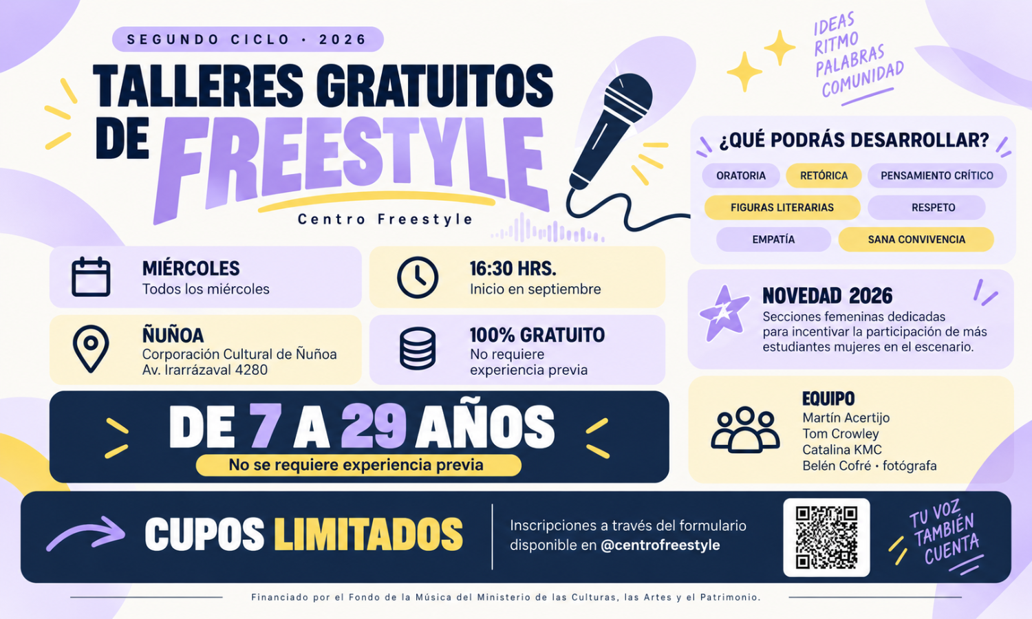 Afiche de talleres gratuitos de Freestyle en Ñuñoa, segundo ciclo 2026